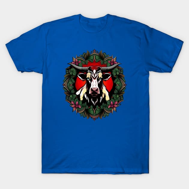 Ox Surrounded By A Wreath Of Red Clover Tattoo Style Art T-Shirt by taiche